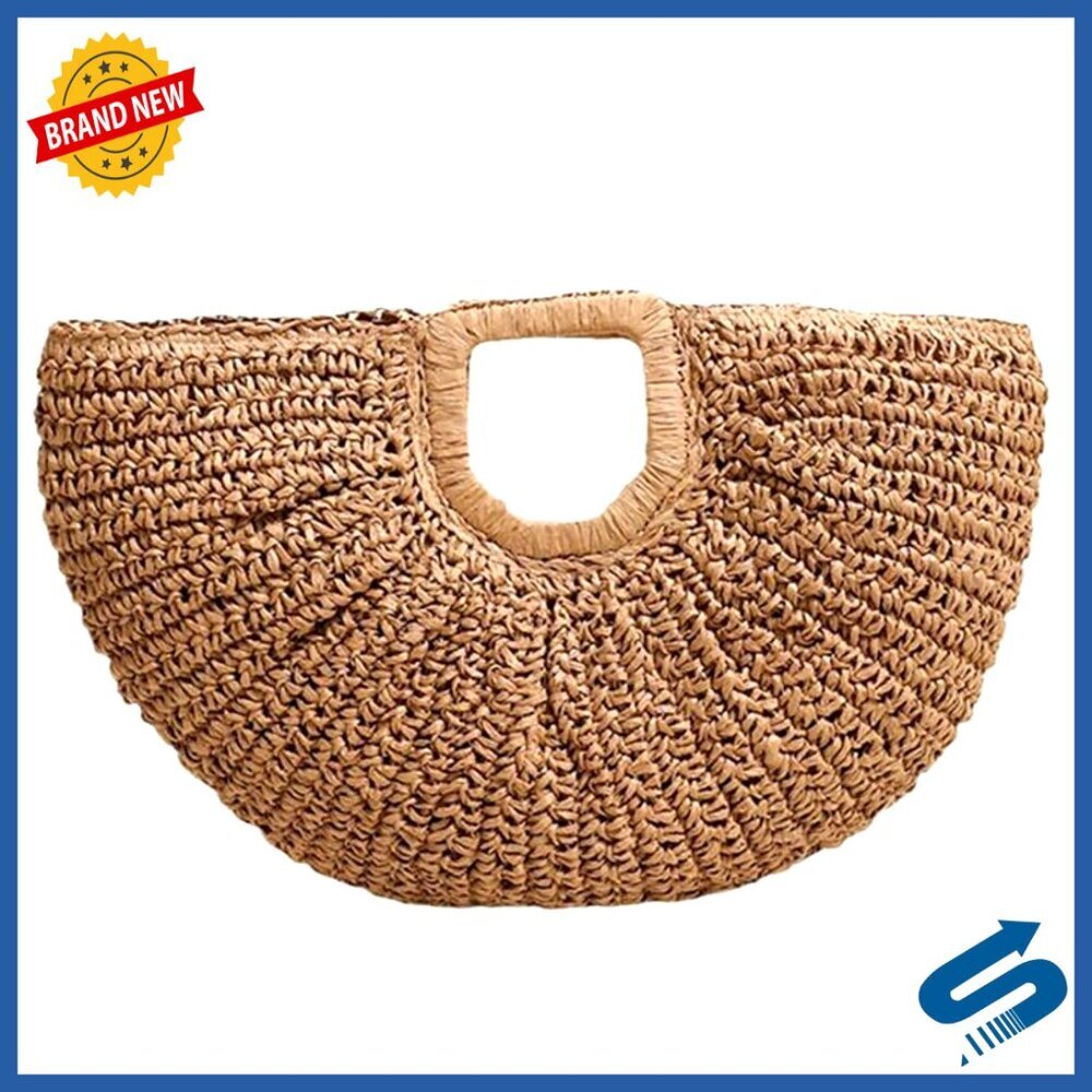 Straw Woven Tote Bag Geometric Handles Beach Travel Boho Chic Handbag